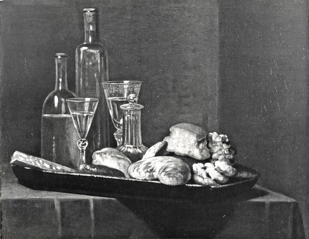 Anonimo — Roland de la Porte Henri Horace - sec. XVIII - Natura morta con bottiglie, bicchieri e dolci su un vassoio — insieme
